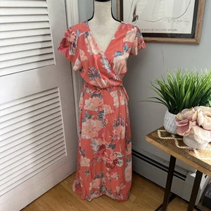 GAP Womens Dress Large Petite Pink Floral Maxi Wrap Bohemian Summer Romantic - Picture 1 of 10