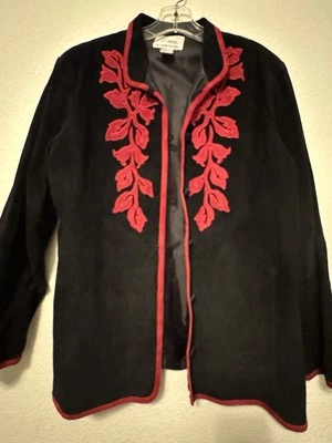 Chaqueta vintage Linea By Louis Dell'Olio para mujer talla grande negra roja gamuza floral Foto 1 de 4