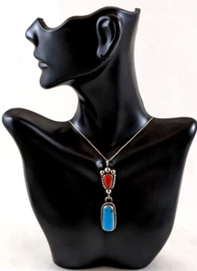 Native American Turquoise & Red Coral Necklace 18" - Picture 1 of 8