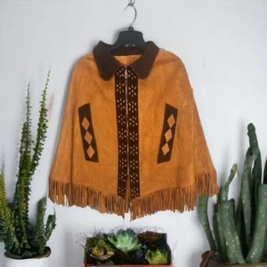 Vintage 1970’s Light Brown/Brown Fringe Suede Leather Zip Up Poncho - Picture 1 of 12