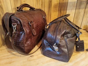 Vtg Bath And Body Works Brown Faux Leather Croc Print Travel Bag & Duffle Bag - Picture 1 of 15