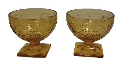 Indiana Vidrio Ámbar Margarita Patrón 2 Patas Pedestal Sherbet Fruta Oro Amarillo Foto 1 de 2
