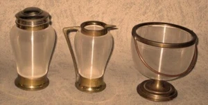 Vintage Art Deco Ribbed Glass and Brass Cream & Sugar Dresser Dishes Set of 3 - Picture 1 of 9