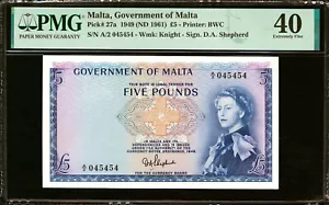 Malta 5 Pfund 1949 (ND 1961) QEII Pick-27a extrem fein PMG 40 - Bild 1 von 2