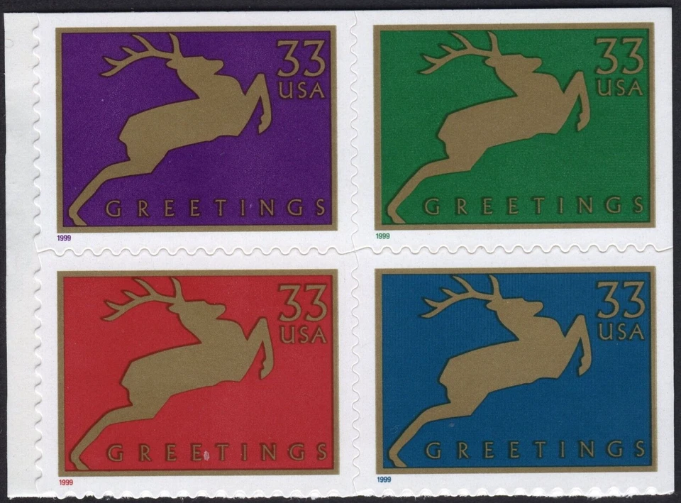 Scott #3363a Reindeer (Christmas) Booklet Pane of 4 Stamps - MNH Purple 1st - Image 1 of 1