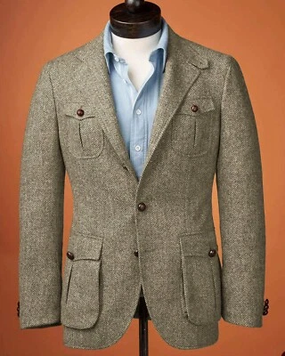 Wool Blend Mens Jackets Herringbone Regular Fit Notch Lapel Blazer Business Coat - Image 1 of 4