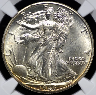 1946 D WALKING LIBERTY MEIO DÓLAR NGC MS 63 BRILHO PRATEADO NÍTIDO, ROLANDO EM PERFEITO ESTADO - Imagem 1 de 4