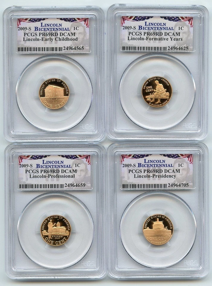 Juego de 4 centavos de monedas Lincoln 2009 S graduación profesional PR69DCAM bandera etiqueta presidencia primeros años Foto 1 de 1