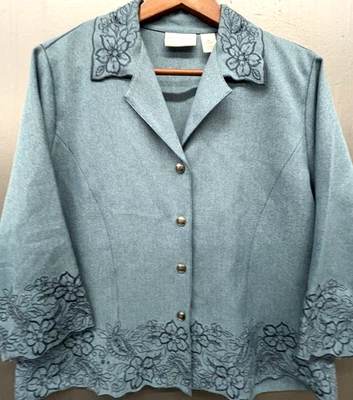 Женщин Blazer 16P синий вышитый 3/4 рукав куртка коттедж бабушка - Изображение 1 из 4