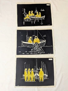 Vintage Liv Hassel Textile Art Yellow Black MCM Scandinavian Fishermen Folk Set - Picture 1 of 8