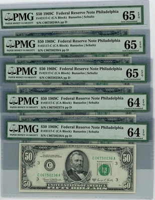 Fr. 2117C $50 1969C Federal Reserve Note 5 Consecutive #DC-2570 64-65EPQ PMG - Image 1 of 3