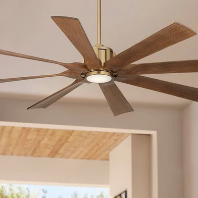60" Possini Defender Soft Brass Koa Damp LED Ceiling Fan with Remote - Image 1 of 4
