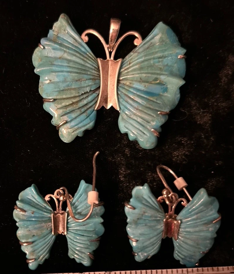 Green Howlite SX 925 Thailand Sterling Silver Butterfly Pendant & Earrings Set - Image 1 of 4