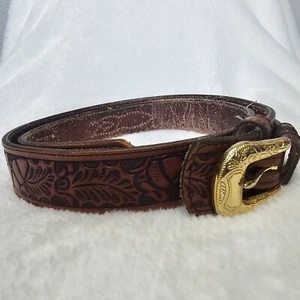 Womens Brown Leather Acorn Belt Gold Buckle Worn In *See Photos* - Picture 1 of 15