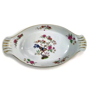 Piatto ovale vintage Léon Fout porcellana ignifuga Le Faune France uccellino e floreale - Foto 1 di 10