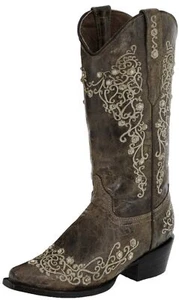 Womens Brown Western Boots Cowboy Wear Floral Embroidered Rhinestone Snip Toe - Picture 1 of 7
