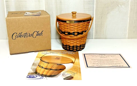 Longaberger Miniature Banker's Waste Basket, Lid, Protector, COA, Box, Brochure Cover