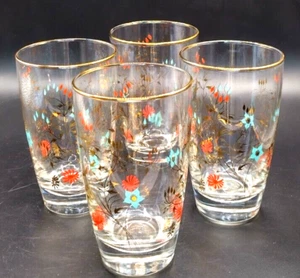 VINTAGE MCM Turquoise/Coral Floral/Gold Rimmed Set of 4 TUMBLERS circa 1950'S - Picture 1 of 3