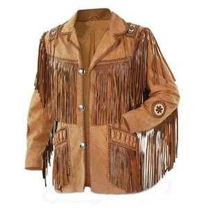 Herren hellbraun Wildleder Western Cowboy Lederjacke Fransen - Perlenarbeit - Bild 1 von 4