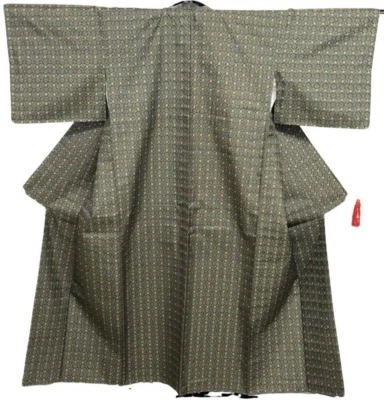 Japanese Vintage Kimono Pure Silk Grey Tsumugi Expensive Tradition Height 58.6in - Image 1 of 4
