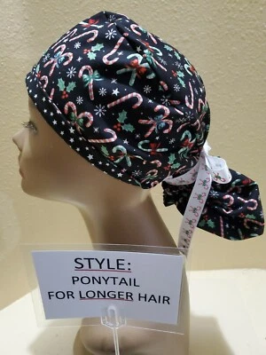 Candy Canes Christmas Women's Ponytail Surgical Scrub Hat/Cap Handmade - Image 1 of 4