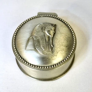 Pharoah Pewter Round Trinket Box Made in Egypt Round Hinged Black Velvet Lined - Picture 1 of 7