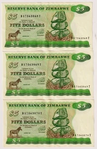 ZIMBABWE $5 (1994) P-2e, Sign 3 Wmk A -3 Consecutive Circulated BA 7563868-70T - Imagen 1 de 2