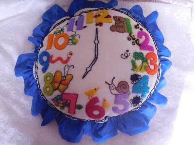 Hand Made Embroidered Throw Pillow Vintage 1980's Retro Clock Pillow Kids Room - Image 1 of 4
