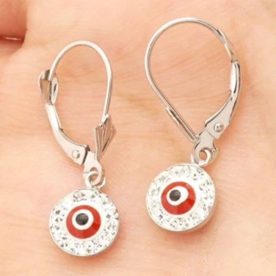 Pendientes colgantes redondos de oro blanco de 14K circonita cúbica con mal de ojo rojo Foto 1 de 4