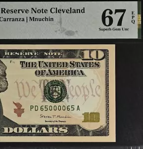 2017A $10 Federal Reserve Note PMG 67EPQ - Birthday - Bookend Serial 65000065 - Picture 1 of 3