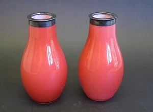 Superb Pair of ENGLISH WATERMELON Peachblow Vases w/ Sterling Collars, c. 1880 - Picture 1 of 8