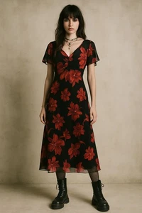 Vtg Dressbarn 16 Black Red Floral Midi Y2K Dark Romantic Whimsigoth Fairygrunge - Picture 1 of 16