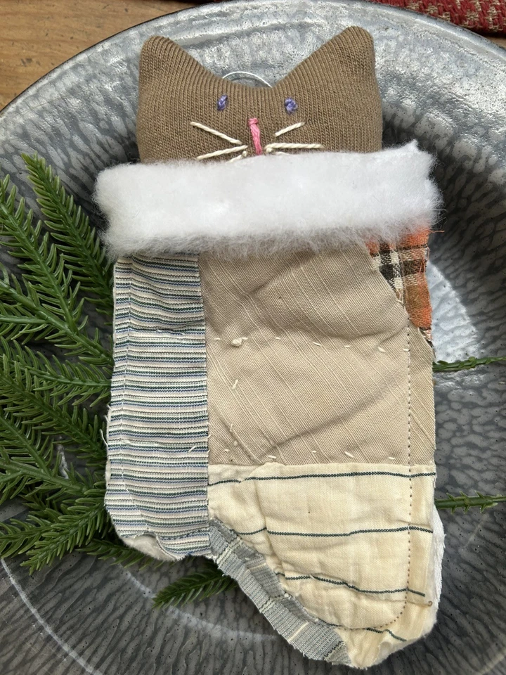 Primitive Christmas Kitten in a Mitten  Ornie Tree Decor Old Patchwork Mitten - Image 1 of 1