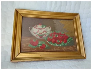 Antique 19thC Folk Art Petit Point Tapestry, Strawberries & Sugar Bowl - Picture 1 of 3