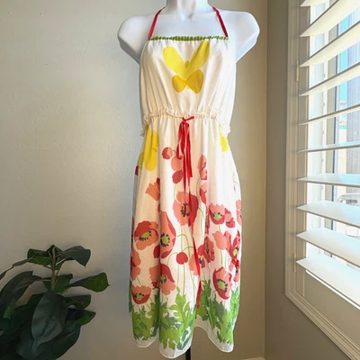 Anthropologie Anna Sui Mujer’s SM Amapolas Halter Sin Espalda Forrado Delicada Mezcla de Seda Foto 1 de 4