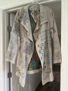 Johnny Was Gorgeous Top Blazer Cardigan 50% Linen 50% Silk Embroidery Beige - Picture 1 of 7