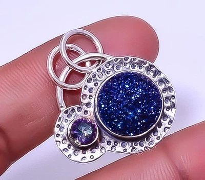 Colgante de plata de ley 925 con piedras preciosas de ágata azul de titanio 1,33" A31 Foto 1 de 4