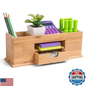 MissionMax Small Bamboo White Caddy Desk Organizer and Storage with Drawer an - Picture 1 of 5
