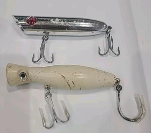 Lot of 2- Creek Chub Topwater Saltwater Popper Wht 1oz & Silver 1oz Striper Lure - Picture 1 of 12