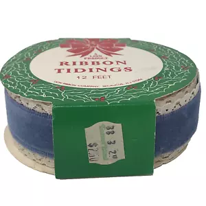 Blue Velvet w/Lace Edges Ribbon Tidings 1.375" Lion Ribbon Company 4 yd VTG NOS - Picture 1 of 6