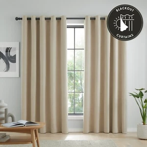 Catherine Lansfield Wilson Blackout Thermal Eyelet Curtains Or DoorPanel Natural - Picture 1 of 74