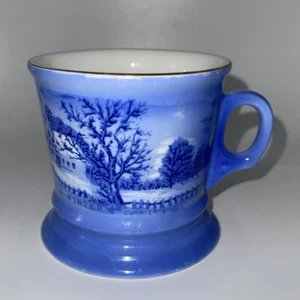 Vintage Currier and Ives Homestead In Winter Mug Cup Shaving Mug Blue - Picture 1 of 6
