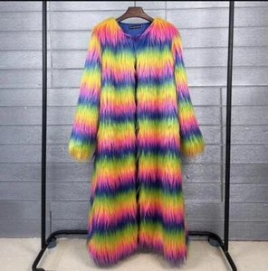 Women Fashion Multicolor Striped Rainbow Faux Fur Jacket Long Coat Overcoat 0209 - Picture 1 of 7
