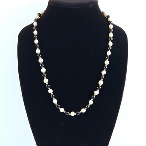 Vintage Faux Pearl & Black Bead Necklace Brass Spacer Beads Fashion Jewelry 24" - Picture 1 of 4