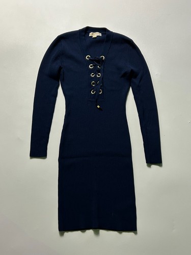 Mini abito donna Michael Kors a costine blu navy medio scollo a V stringato manica lunga