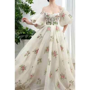 Floral Prints Off Shoulder Lace-up Wedding Dresses Puff Sleeves Trailing Gowns - Picture 1 of 8