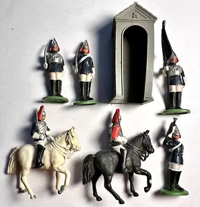 7Pc Vintage Britains LTD Royal Mounted Red & Black Soldiers On Horses - Picture 1 of 4