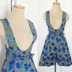 DEADSTOCK 80s 90s Vintage Rose Houndstooth Romper Shortalls Playsuit Play Suit M - Picture 1 of 10