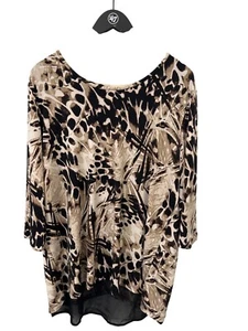 CJ Banks Animal Print Hi Low Tunic Top Womens 1X 3/4 Sleeve Beige Black Office - Picture 1 of 6