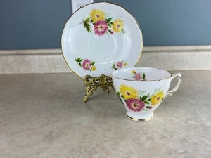Royal Vale # 9875 Fine Bone China Yellow And Pink Flowers Tea Cup And Saucer Set - Picture 1 of 9